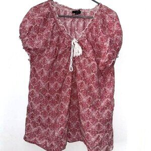 Red & White Boho Print Peasant Top With Tassel Tie Neckline & Short Sleeves